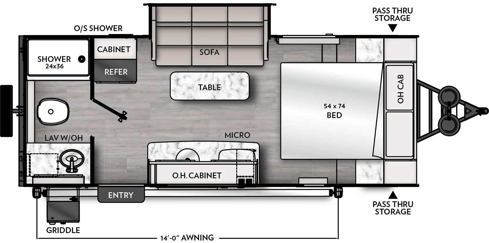 The 19R has 1 slide out and 1 entry door. Exterior features include front pass-through storage, door side griddle, off-door side outside shower and 14 ft. awning. Interior layout from front to back: front bedroom with 54 x 74 foot facing bed with overhead cabinet; off door side slide out holding a sofa with table, door side kitchen with overhead cabinet, sink, stove top, and under countertop microwave; cabinet and refrigerator across from entry door; and rear bathroom with medicine cabinet, toilet, sink and 24 x 36 shower.